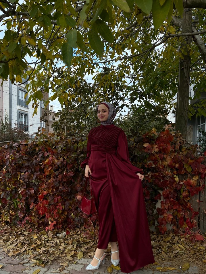 Bohem Bordo Uzun Kol Bağlama Desenli Elbise - Görsel 3