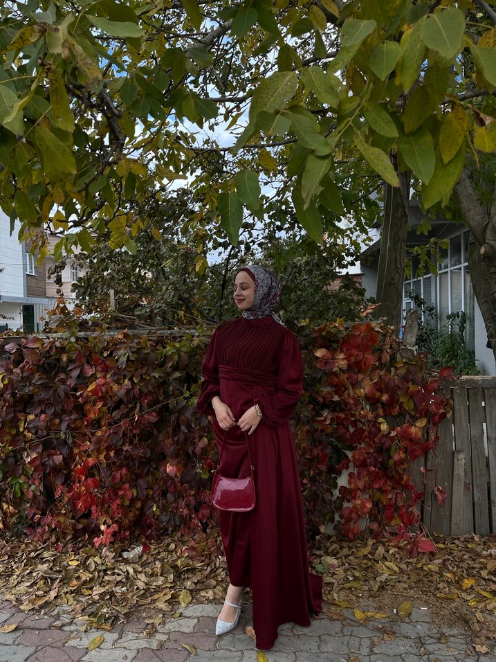 Bohem Bordo Uzun Kol Bağlama Desenli Elbise - Görsel 2