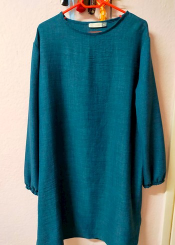 Koyu Turkuaz Keten Midi Kadın Tunik - Görsel 3
