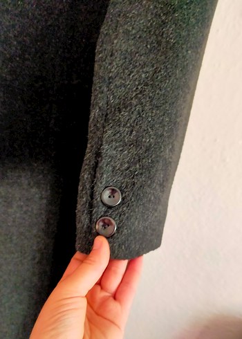 Gri Düğmeli Uzun Kadın Yün Kaban - Görsel 5