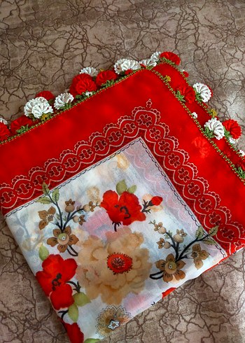 Dantel İşlemeli Kırmızı Kadın Fular - Görsel 4