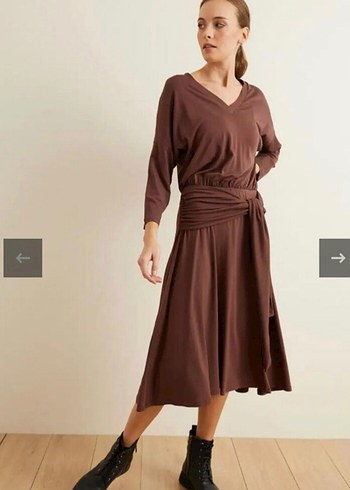 Kahverengi V Yaka Uzun Salaş Elbise - Görsel 2