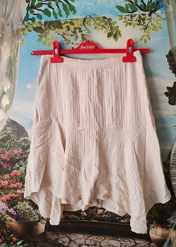 Bej Mini Keten Pileli  Etek - Görsel 3