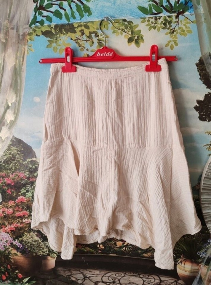 Bej Mini Keten Pileli  Etek - Görsel 3