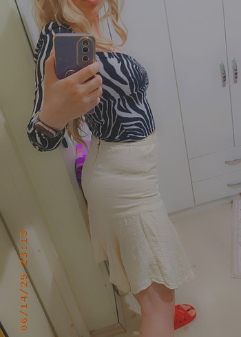 Beyaz Zebra Desenli Midi Mini Etek