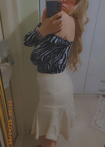 s Beden Beyaz Zebra Desenli Midi Mini Etek
