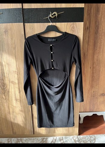 Pencere detay Siyah Uzun Kollu Mini Elbise