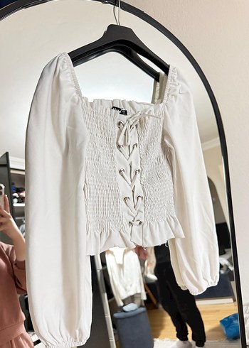 Uzun Kollu Beyaz Keten Bluz - Görsel 2