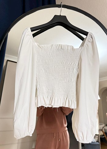 Uzun Kollu Beyaz Keten Bluz - Görsel 3