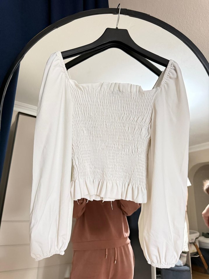 Uzun Kollu Beyaz Keten Bluz - Görsel 3