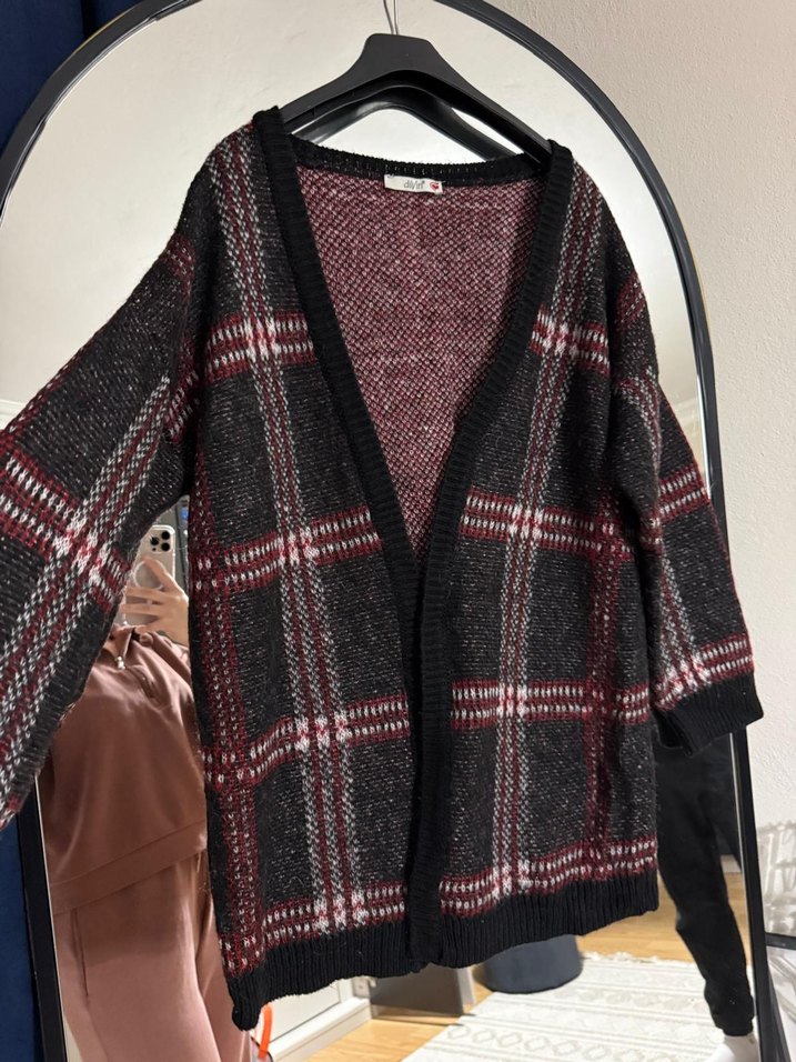 dilvin Bordo Ekose Örgü Salaş Hırka - Görsel 2