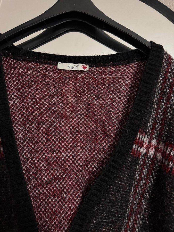 dilvin Bordo Ekose Örgü Salaş Hırka - Görsel 3