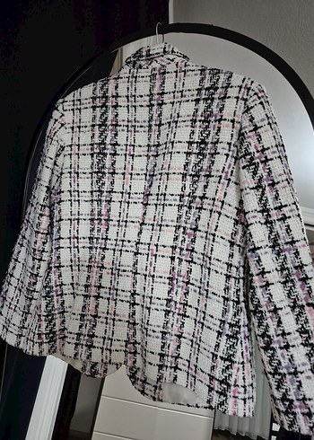 Düğmeli Ekose Desenli Beyaz Kadın Blazer - Görsel 3