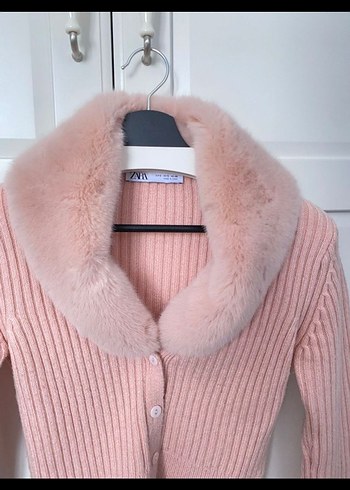 Pembe Kürklü Yaka Kadın Triko Kazak - Görsel 2