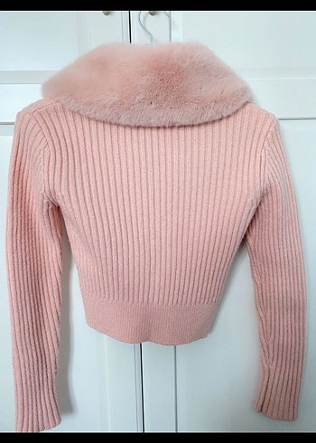 Pembe Kürklü Yaka Kadın Triko Kazak - Görsel 3