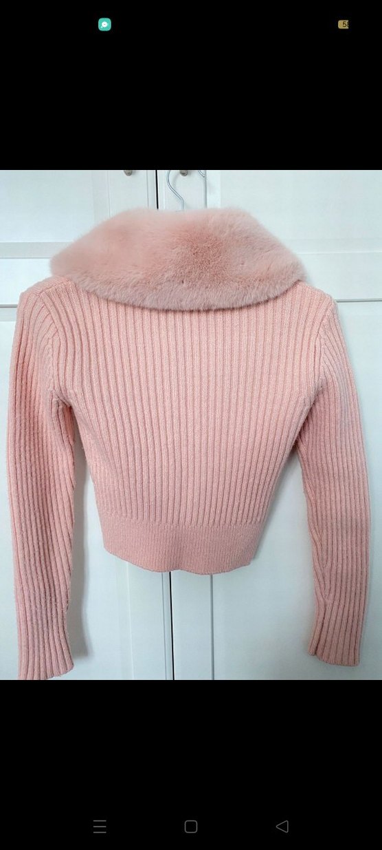 Pembe Kürklü Yaka Kadın Triko Kazak - Görsel 3