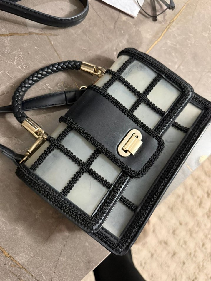 Siyah Kareli Deri Kadın Çanta - Görsel 3