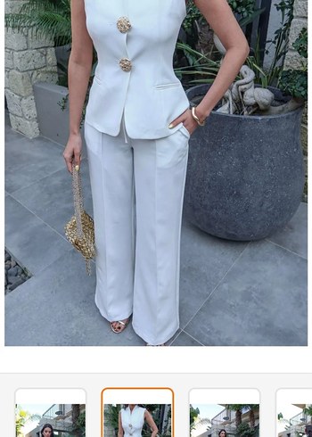 Düğmeli Beyaz Kolsuz Kadın Takım - Görsel 5