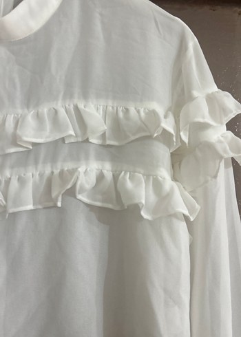 Beyaz Fırfırlı Uzun Kollu Keten Bluz - Görsel 2