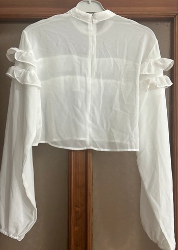 Beyaz Fırfırlı Uzun Kollu Keten Bluz - Görsel 5