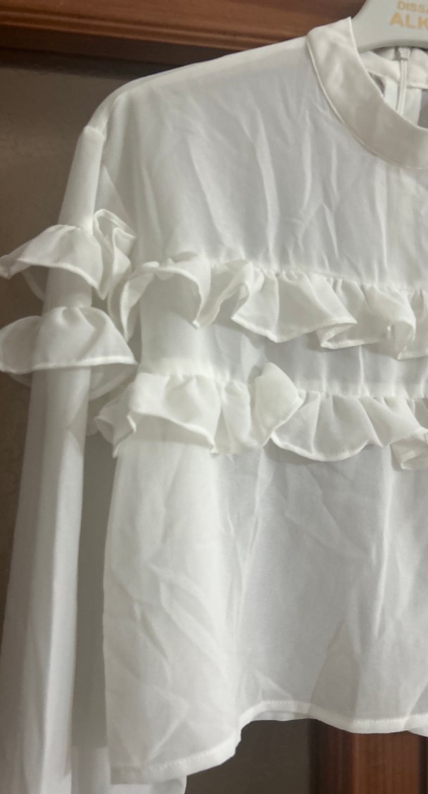 Beyaz Fırfırlı Uzun Kollu Keten Bluz - Görsel 3