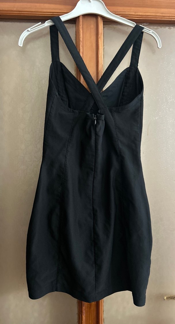 Siyah V Yaka Midi Straplez Gotik Elbise - Görsel 4