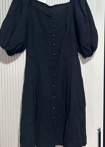 Düğmeli Siyah Midi Keten Elbise - Görsel 3