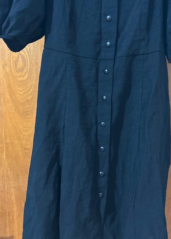 Düğmeli Siyah Midi Keten Elbise - Görsel 2