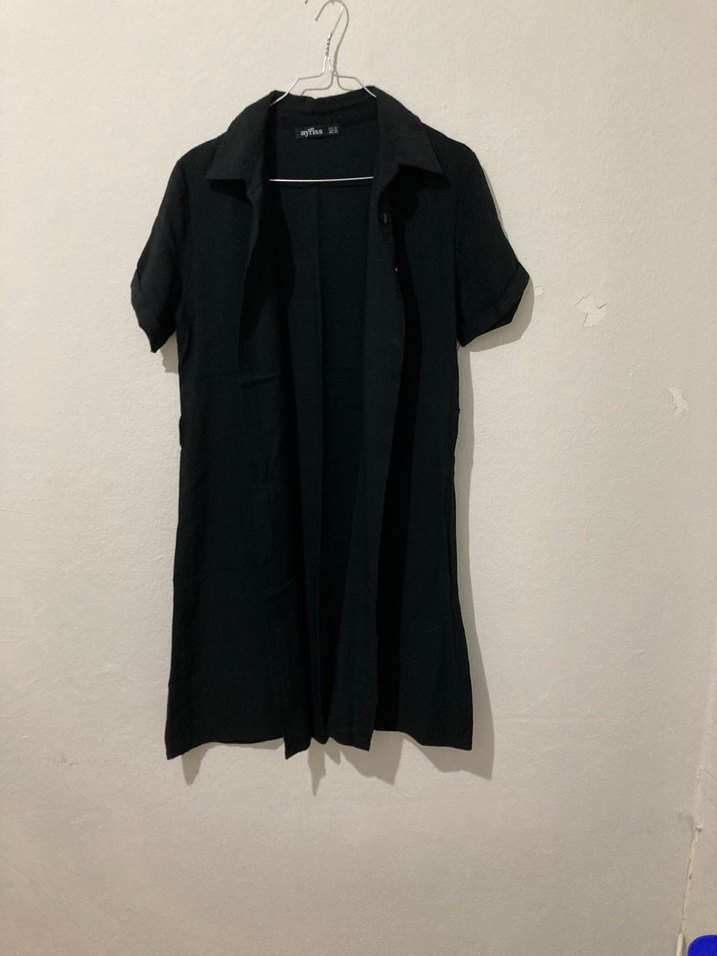 Siyah Kısa Kollu Keten Midi Elbise - Görsel 2