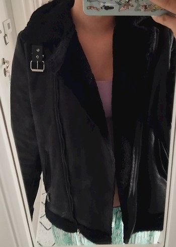 Siyah Deri Kürklü Sokak Stili Kadın Ceket - Görsel 3