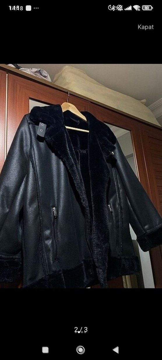 Siyah Deri Kürklü Sokak Stili Kadın Ceket - Görsel 2