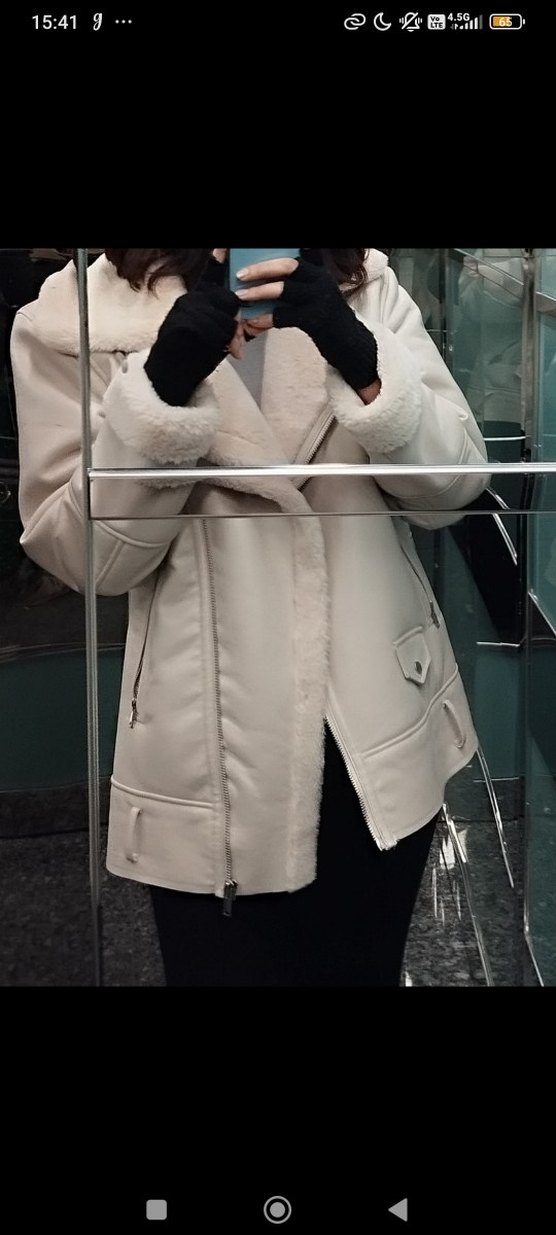 Stradivarius Kürklü Bej Biker Ceket - Görsel 3