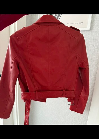 Kırmızı Kadın Biker Deri Ceket - Görsel 3