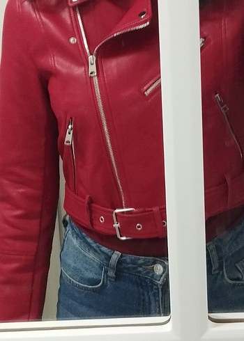 Kırmızı Kadın Biker Deri Ceket - Görsel 2