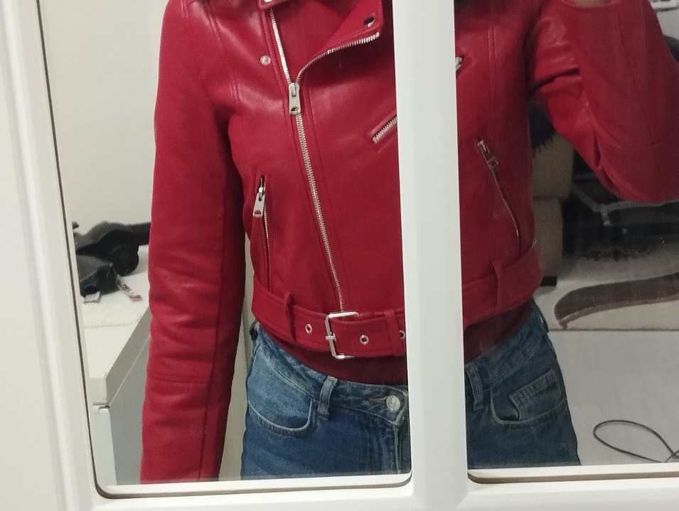 Kırmızı Kadın Biker Deri Ceket - Görsel 2