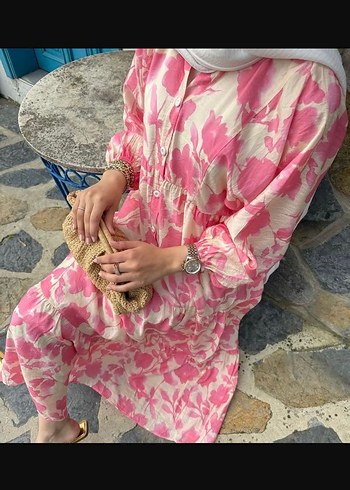 Diğer Pembe Batik Desenli Uzun Bohem Elbise