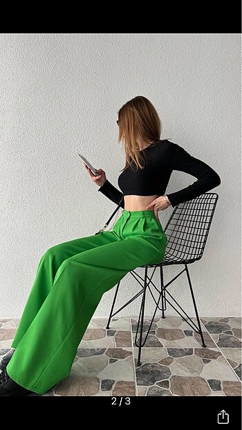 36 Beden yeşil geniş paça bol palazzo kumaş pantolon