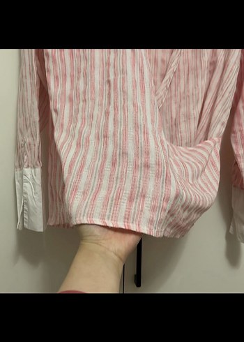 Pembe Beyaz çizgili kruvaze Yakalı Uzun Kollu oversize Gömlek - Görsel 5