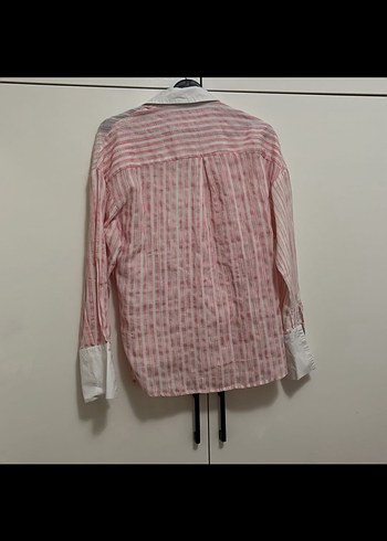 Pembe Beyaz çizgili kruvaze Yakalı Uzun Kollu oversize Gömlek - Görsel 6