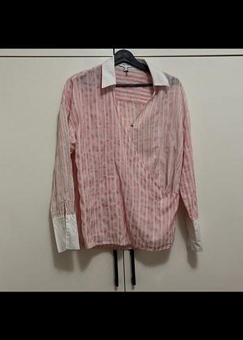 Pembe Beyaz çizgili kruvaze Yakalı Uzun Kollu oversize Gömlek - Görsel 3