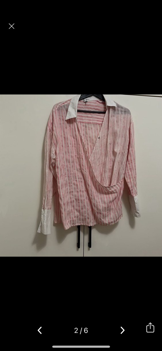 Pembe Beyaz çizgili kruvaze Yakalı Uzun Kollu oversize Gömlek - Görsel 2