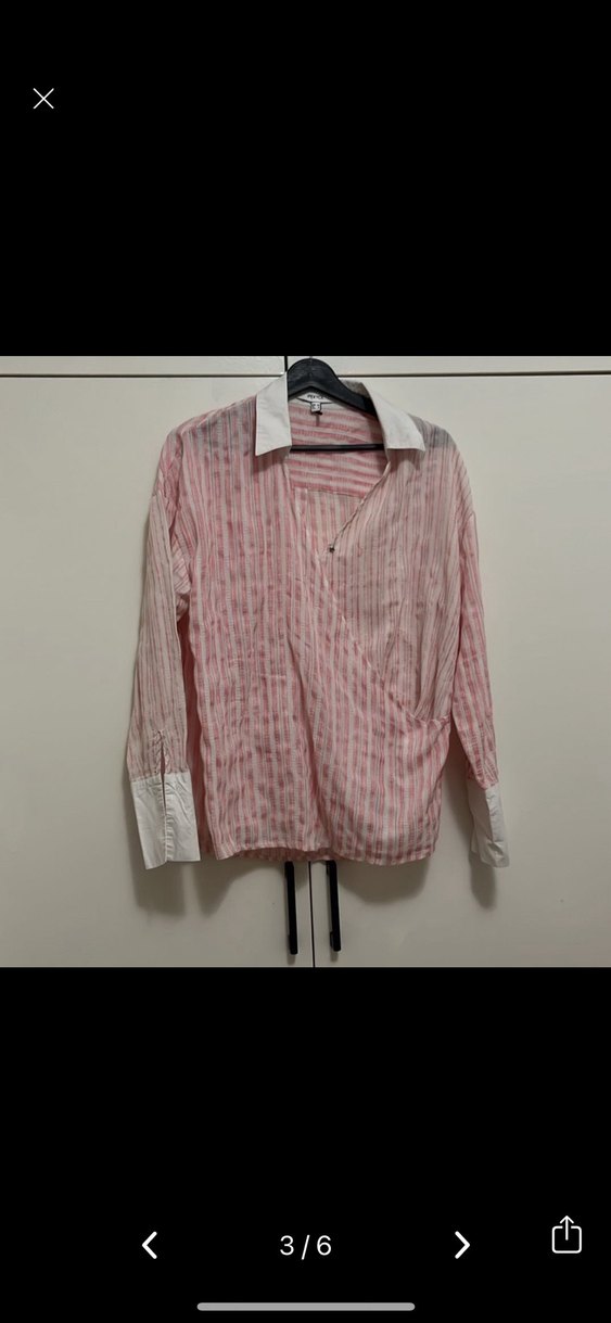 Pembe Beyaz çizgili kruvaze Yakalı Uzun Kollu oversize Gömlek - Görsel 3