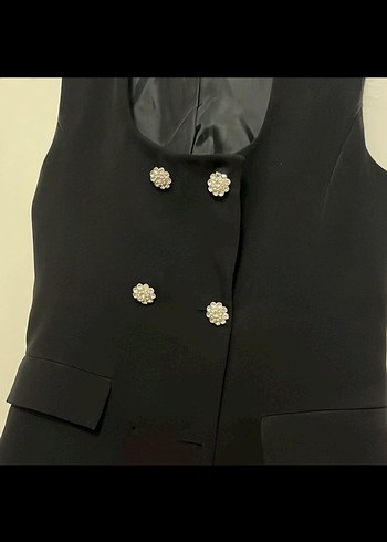 taşlı Düğmeli Siyah kumaş yelek pantolon takımı - Görsel 2