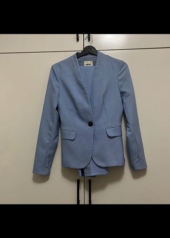 Düğmeli Mavi Kadın Blazer Ceket kumaş pantolon takım - Görsel 3