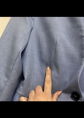 Düğmeli Mavi Kadın Blazer Ceket kumaş pantolon takım - Görsel 4