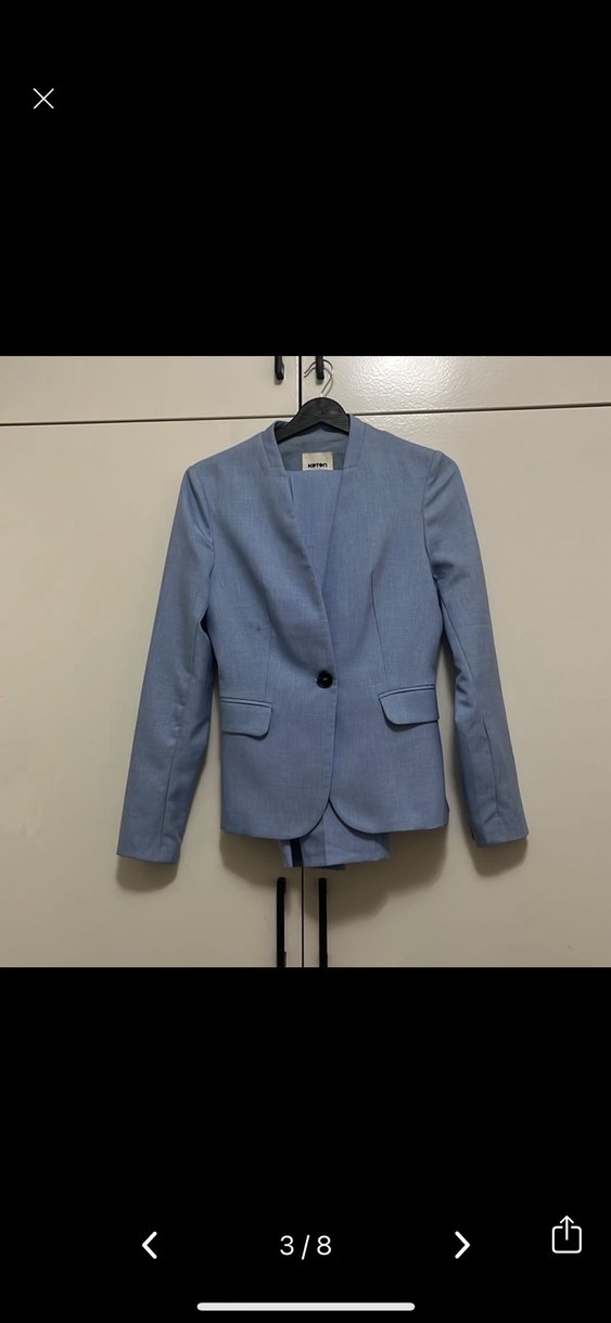 Düğmeli Mavi Kadın Blazer Ceket kumaş pantolon takım - Görsel 3