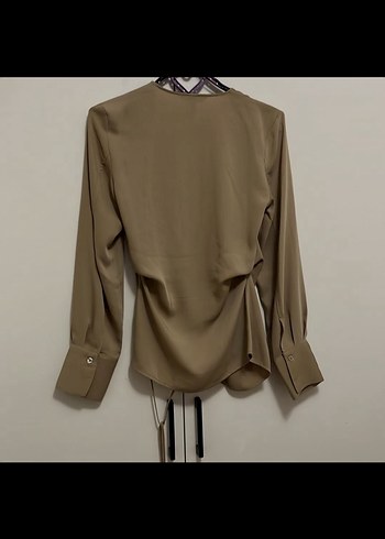 h&m bej bağlamalı kruvaze gömlek bluz Bej Kuşaklı V Yakalı - Görsel 5