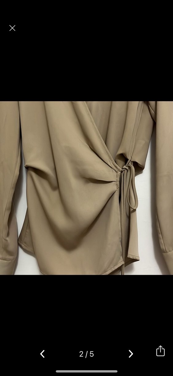 h&m bej bağlamalı kruvaze gömlek bluz Bej Kuşaklı V Yakalı - Görsel 2