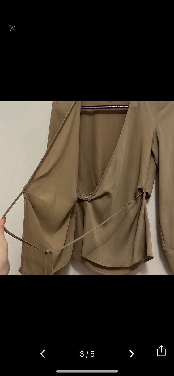 h&m bej bağlamalı kruvaze gömlek bluz Bej Kuşaklı V Yakalı - Görsel 3