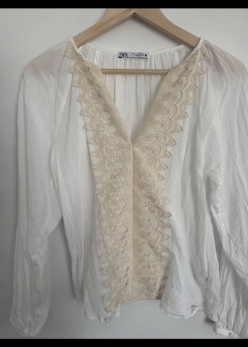 zara Dantel Detaylı Beyaz krem Bohem Bluz - Görsel 4